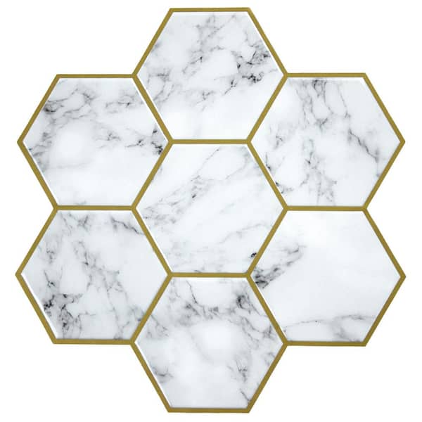 RoomMates Gold-Marble Carrara Lg Hexagon 10.5in. x 10.5in. Vinyl Peel and Stick Tiles (Total sq. ft. covered 2.05 sq. ft./4-Pack)