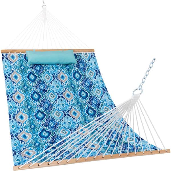 Unbranded 12 ft. 2 Person Quilted Fabric Hammock with Spreader Bar, Pillow and Chains (Floral Auqa)