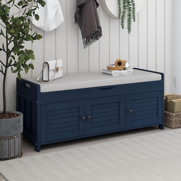 Antique Navy Storage Bench with Removable Cushion and 3 Shutter-shaped Doors
