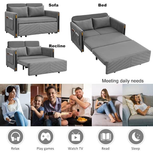 55 Modern Convertible Sofa Bed with 2 Detachable Arm Pockets, Velvet  Loveseat Sofa with Pull Out Bed, 2 Pillows and Living Room Adjustable  Backrest
