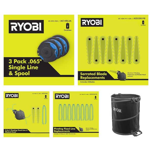 ONE+ 0.065 Spool (3-Pack), Replacement Fixed Blades (8-Pack), 2-in-1 Head, Fixed Line and Lawn and Leaf Bag Combo