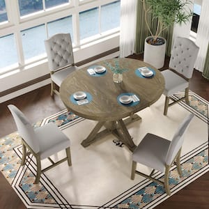 Retro Style 5-piece Natural Wooden Dining Table Set with Extendable Table and 4 Upholstered Chairs