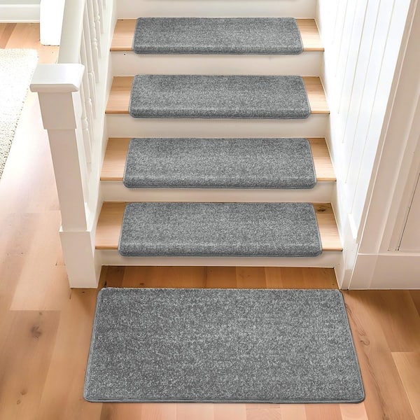 PURE ERA Gray 9.5 in. x 30 in. x 1.2 in. Bullnose Polypropylene Non-slip Carpet Stair Treads Cover With Landing Mat (Set of 15)