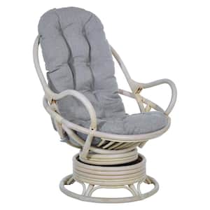 Lanai Rattan Swivel Rocker Chair in Grey Fabric with White Wash Frame