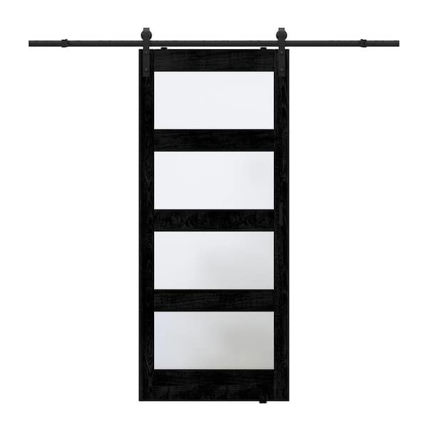 ARK DESIGN 36 in. x 84 in. 4-Lite Tempered Frosted Glass Black Prefinished MDF Sliding Barn Door with Hardware Kit