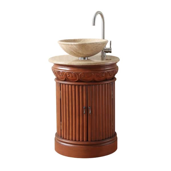 stufurhome Edwina 23 in. Vanity in Dark Cherry with Marble Vanity Top in Travertine and Travertine Vessel Sink