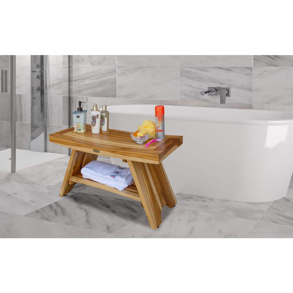 30" Earthy Teak Wood Shower Bench with Shelf