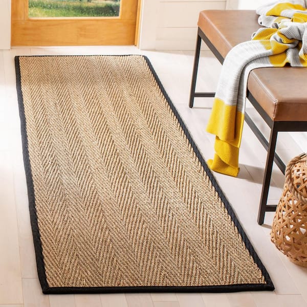 Natural Fiber Beige/Black 3 ft. x 8 ft. Border Runner Rug