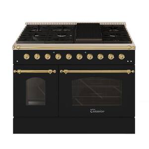 CLASSICO 48” TTL 6.7 CuFt 8 Burner Freestanding Dual Fuel Range Gas Stove, Electric Oven, Glossy Black with Brass Trim