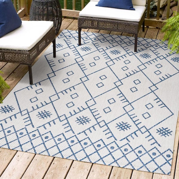 JONATHAN Y Boho Moroccan Ivory/Navy 4 ft. x 6 ft. Indoor/Outdoor Area Rug