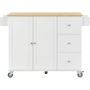 White Solid Wood 52.7 in. Kitchen Island with Storage Cabinet and Drop Leaf Breakfast Bar