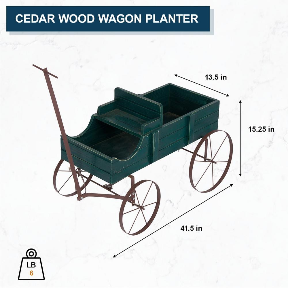 Green Cedar Wood Decorative Wagon Planter for Outdoor Plants