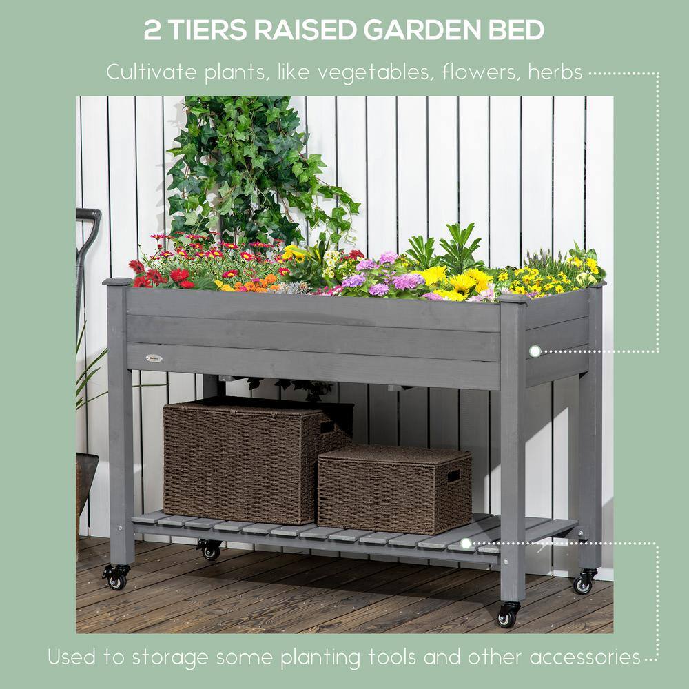 Dark Gray Wooden Elevated Garden Planter with Lockable Wheels