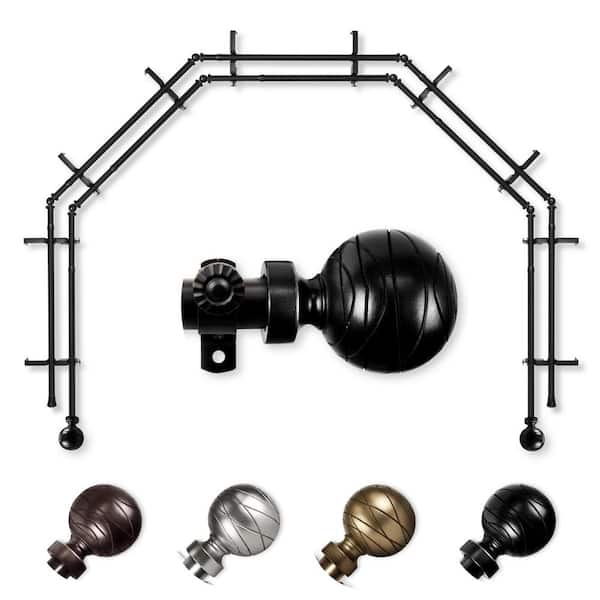EMOH 13/16" Dia Adjustable 5-Sided Double Bay Window Curtain Rod 28 to 48" (each side) with Yesenia Finials in Black