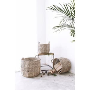 Round Handmade Woven Wicker Seagrass Over Small Basket with Handles