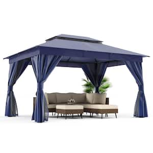 10 ft. x 13 ft. Blue Outdoor Patio Gazebo with Double Roof, Nettings and Privacy Screens