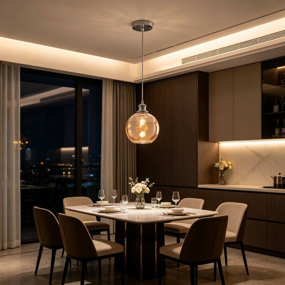 60-W 1 Light Chrome Pendant Light with Amber Glass Shade for Kitchen Island Dining Room Foyer, No Bulbs Included price history on PriceWatchPro