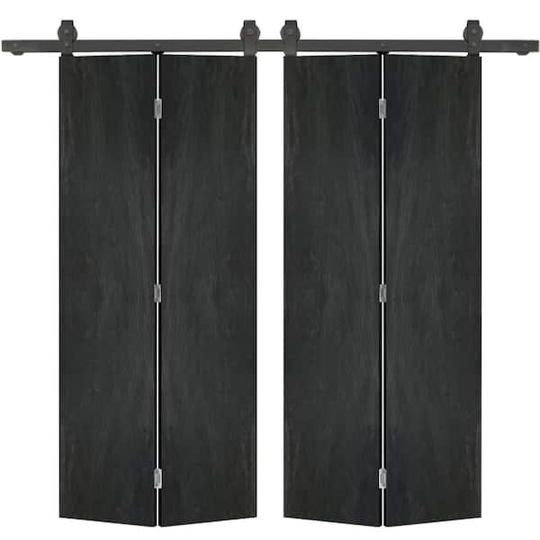 CALHOME 72 in. x 80 in. Black Stained MDF Composite Hollow Core Double Bi-Fold Barn Door with Sliding Hardware Kit