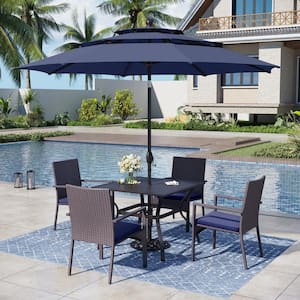 6-Piece Metal Patio Outdoor Dining Set with Square Table, Umbrella and Rattan Chair with Blue Cushion