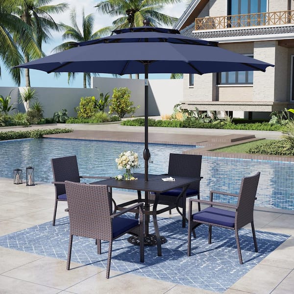 PHI VILLA 6-Piece Metal Patio Outdoor Dining Set with Square Table, Umbrella and Rattan Chair with Blue Cushion