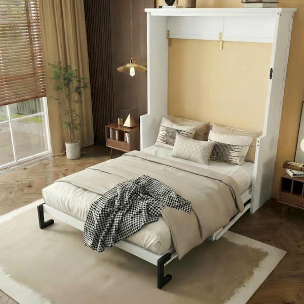 Faas White Wood Frame Queen Size Murphy Bed, Space-Saving Hidden Wall Bed
