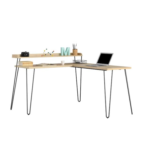 Ameriwood Home Shanewood 55.1 in. L-Shape Natural with Black Legs Computer Desk with Riser
