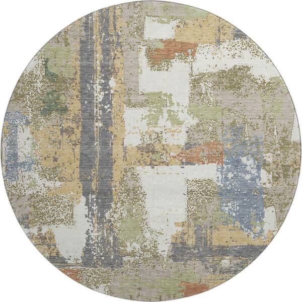 Mayfield Premium Machine Washable Abstract AMF2212 Ivory 8 ft. x 8 ft. Round Rug