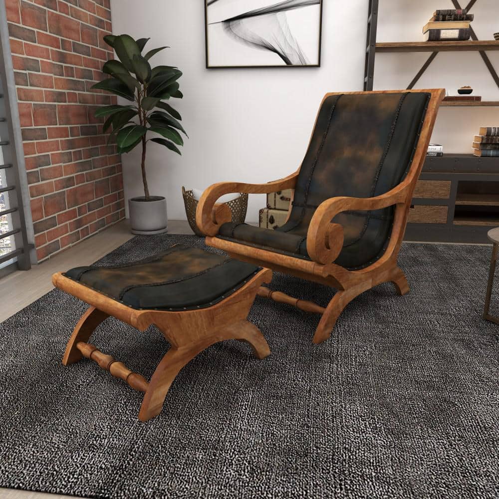 Traditional Dark Brown Leather Accent Chair and Ottoman Set