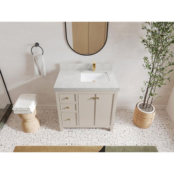 Willow Collections Chicago 36 in. Right Offset Sink Freestanding Fine Grain Bath Vanity with Pearl Gray Qt. Top Unassembled