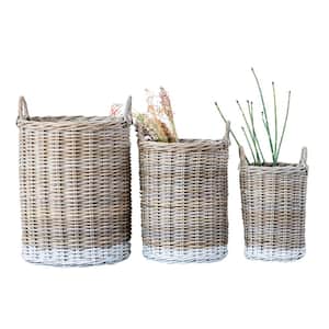 Waterside Round Rattan Decorative Basket with White Dipped Base and Handles (Set of 3)