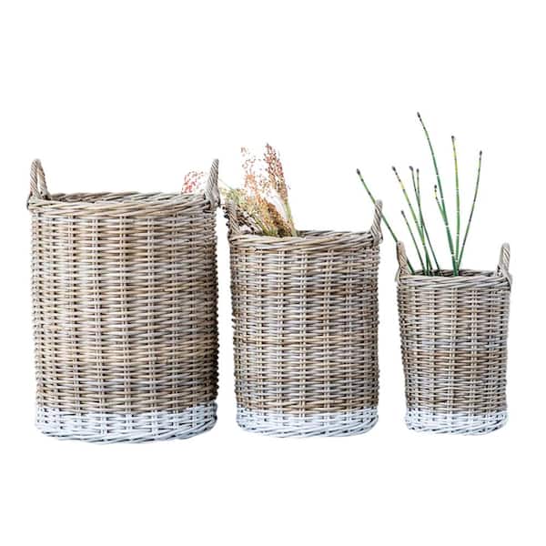 Storied Home Waterside Round Rattan Decorative Basket with White Dipped Base and Handles (Set of 3)