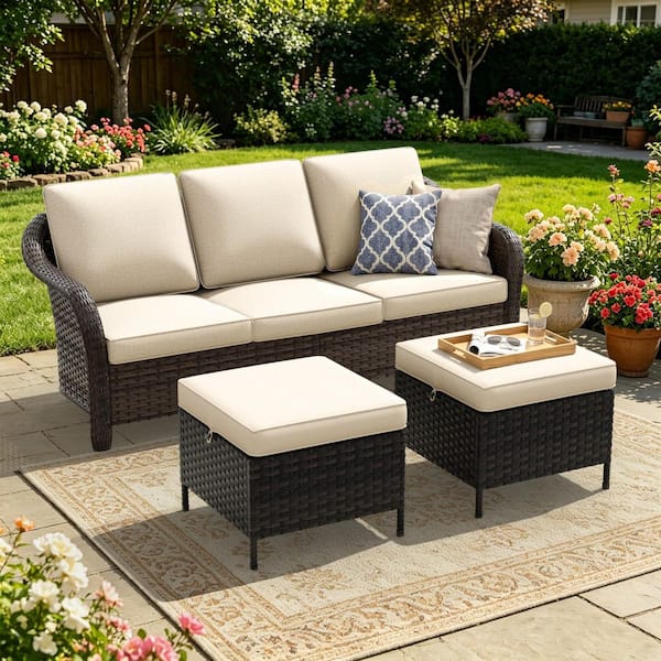 3-Seat Brown Wicker Outdoor Couch Patio Sofa with Ottomans and Thick Beige Cushions