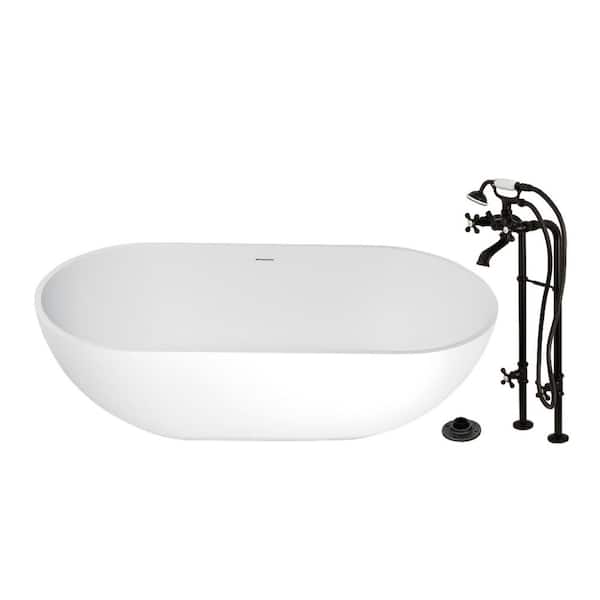 Arcticstone 70.1 in. x 34.6 in. Surface White Stone Flatbottom Soaking Freestanding Bathtub in White/Oil Rubbed Bronze