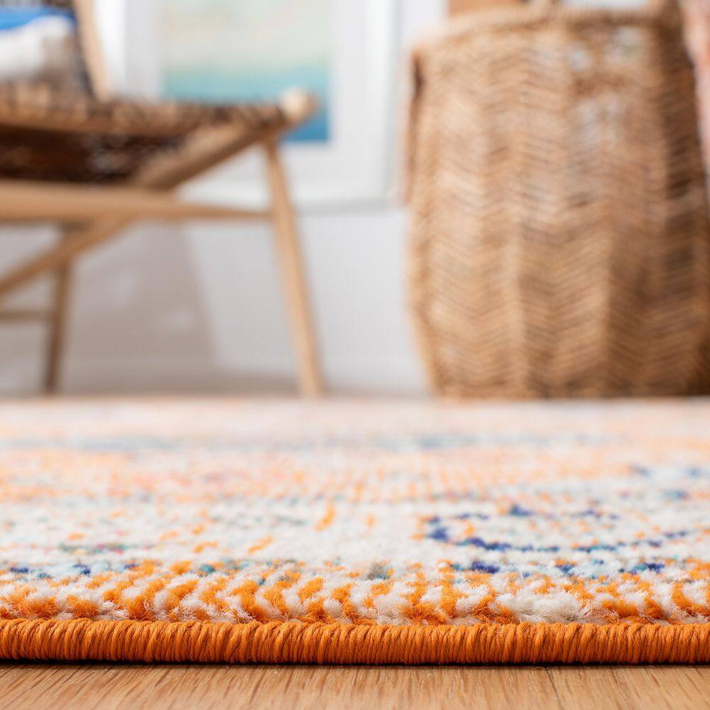 Ivory and Orange Square Synthetic Flat Woven Area Rug