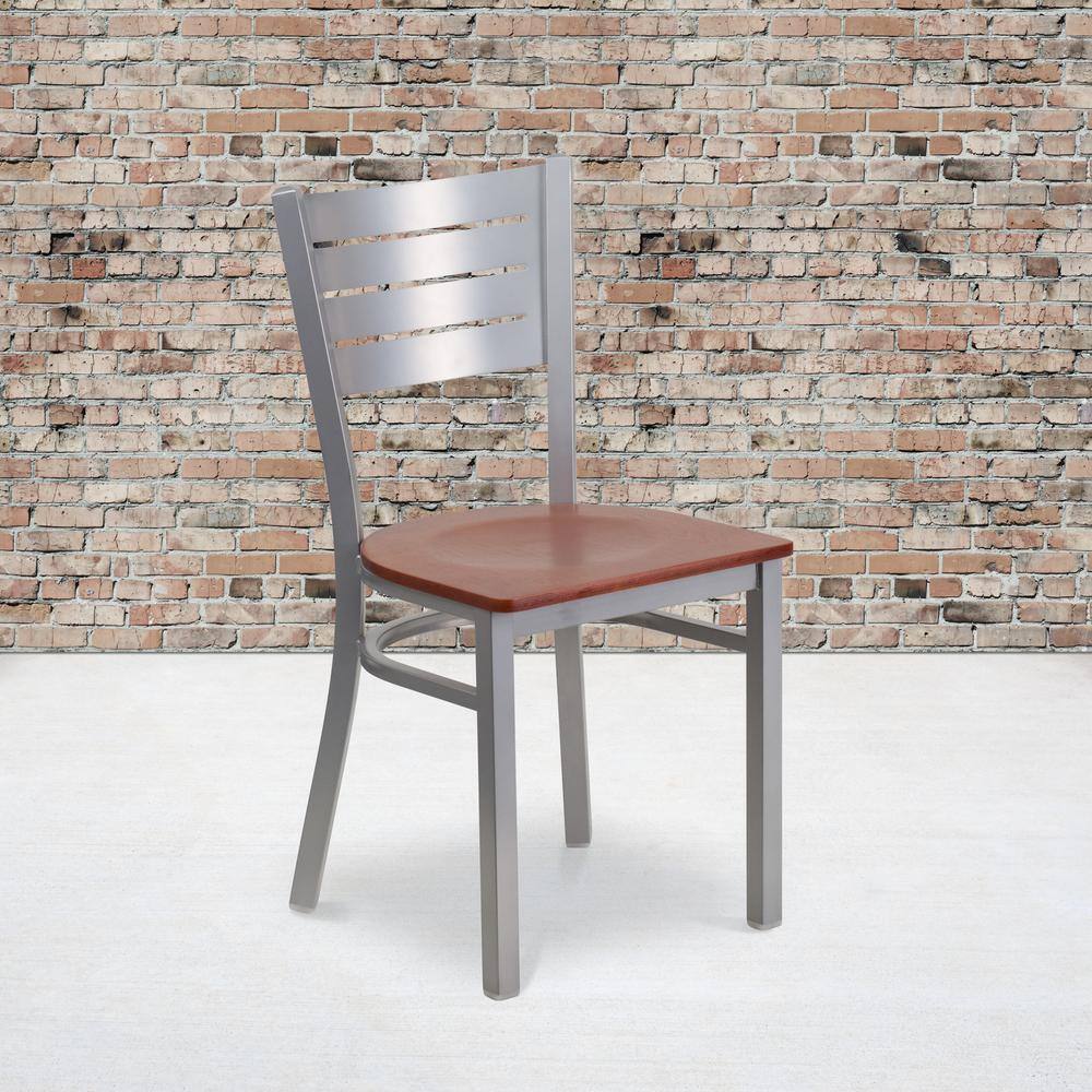 Elegant Silver and Cherry Wood Slat Back Metal Side Chair