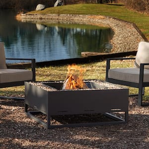 Trey 36 in. W x 36 in. L Outdoor Square Powder Coated Steel Wood-Burning Fire Pit in Black with Decorative Pebbles