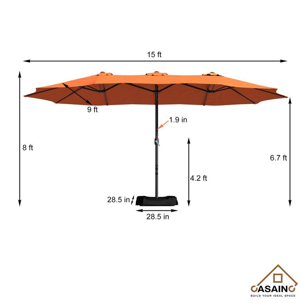 15 ft. Orange Aluminum Double-Sided Market Patio Umbrella with Base