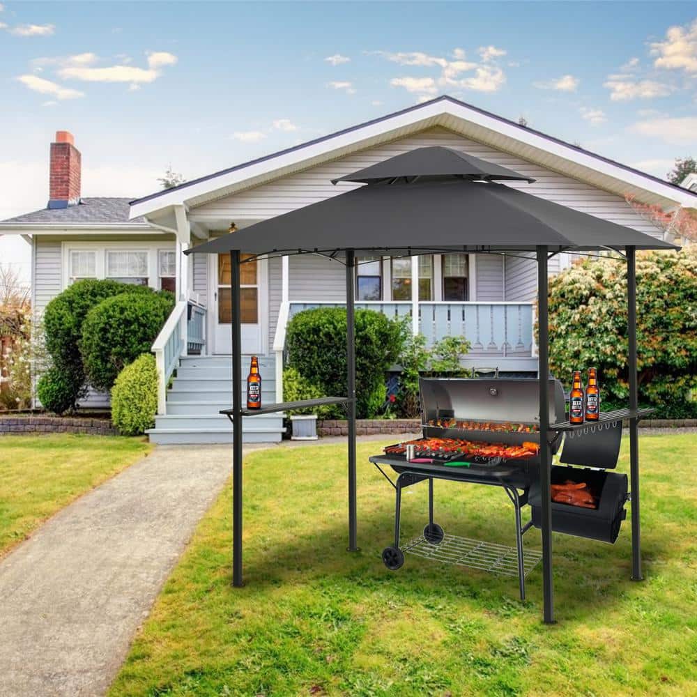 5 ft. x 8 ft. Gray Outdoor Grill Gazebo with Light, Double Tier Soft Top Ca