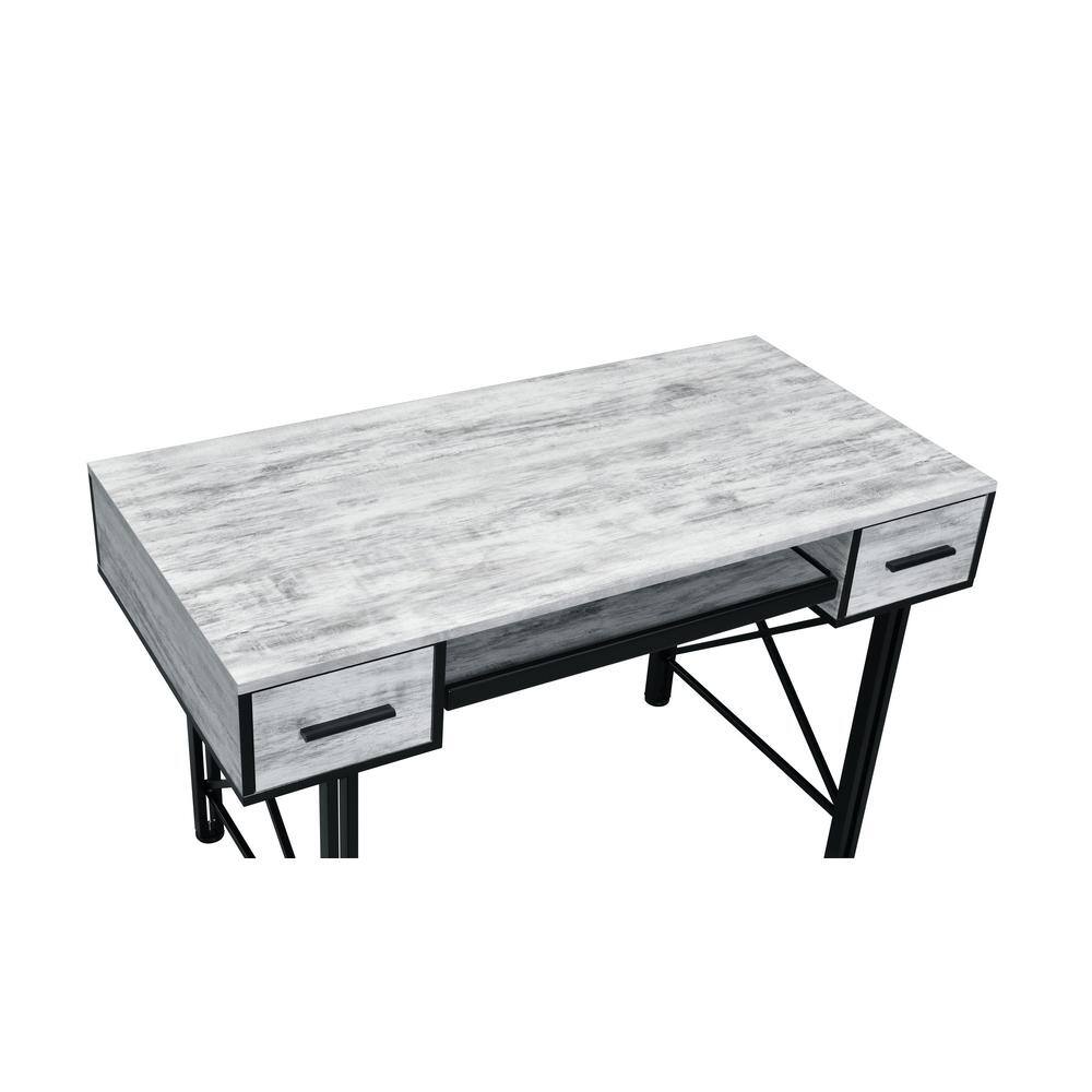 Distressed Antique White and Black Metal Framed Writing Desk with Drawers and Keyboard Tray