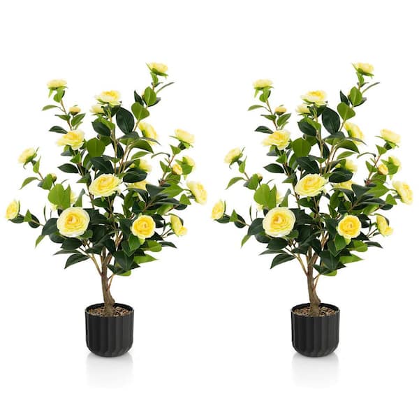 3 ft. Yellow Artificial Camellia Tree Topiary Faux Floral Plant Fake Tree for Decoration in Pot (2-Pack)