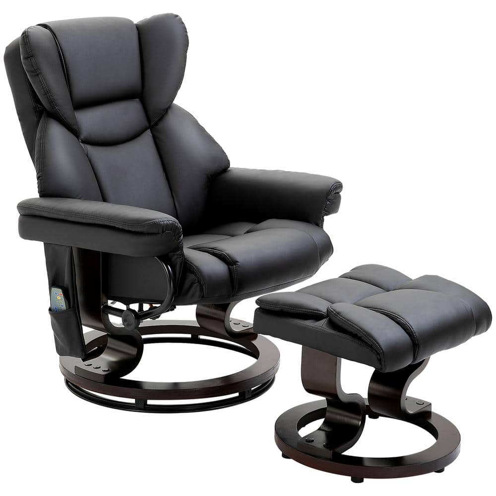 Black Faux Leather Massage Recliner with Ottoman and Metal Base