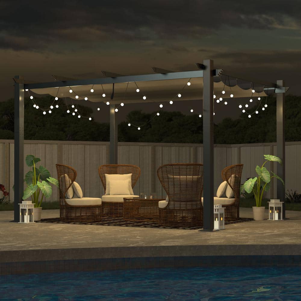 Gray Aluminum Pergola with Retractable Canopy, 13x10 ft
