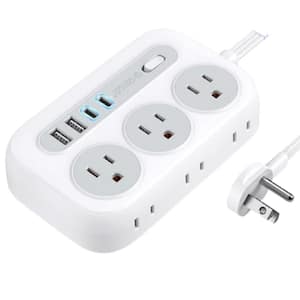 15 ft. 16/3 Light Duty Indoor Extension Cord with Three 3-Pin, Three 2-Pin Oulets, Two USB-A and Two USB-C Ports, White