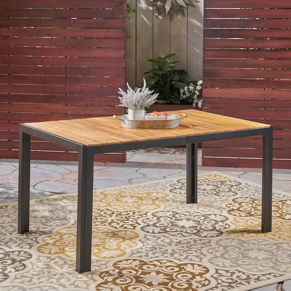 1-PC Teak Wood+Metal Outdoor Dining Table with Acacia Wood Slatted