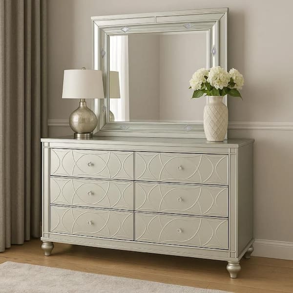 Gina Silver 6-Drawer 18 in. Dresser with Mirror