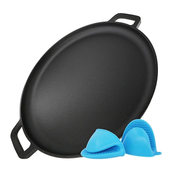 1-Piece Cast Iron Pre-Seasoned Pizza Pan Round Griddle Non-Stick with Silicone Handles Oven Grill BBQ Safe