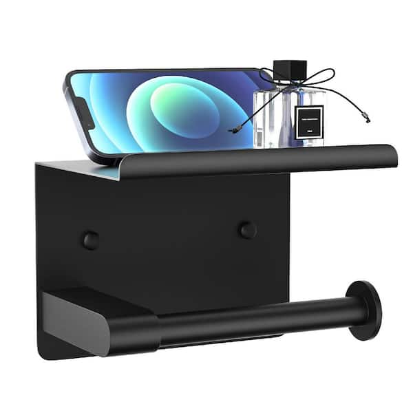 Wall Mount Stainless Steel Toilet Paper Holder with Shelf for Bathroom, Washroom, Kitchen and RV, Matte Black (1-Pack)