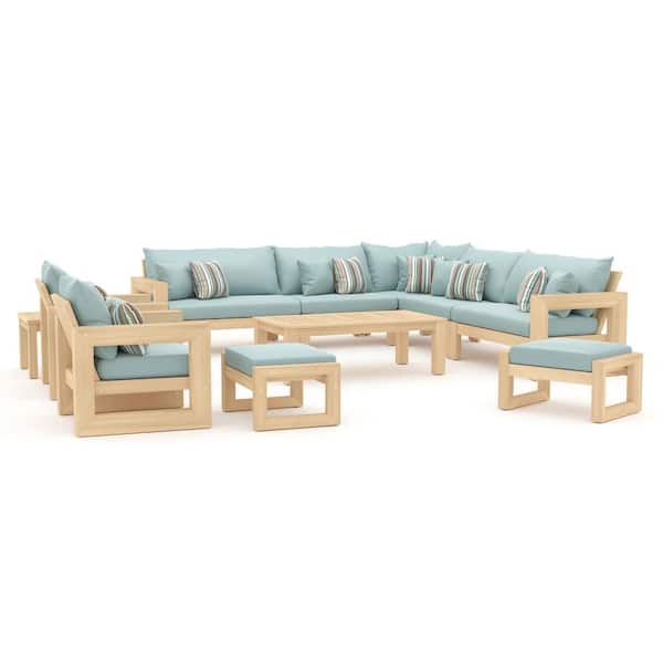 RST BRANDS Benson 11-Piece Wood Patio Conversation Set with Bliss Blue Cushions