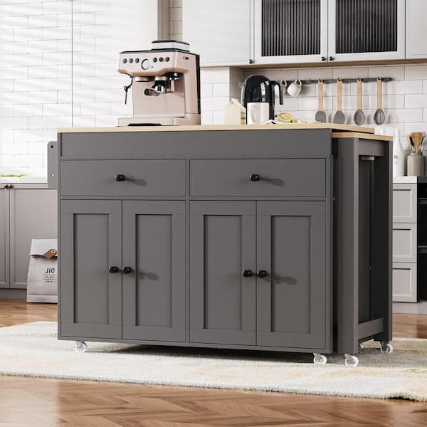 Xzkai Gray Wood 74.5 in. Large Kitchen Island (Chairs Not Included) with 4 Door, 2 Drawers, Spice Rack