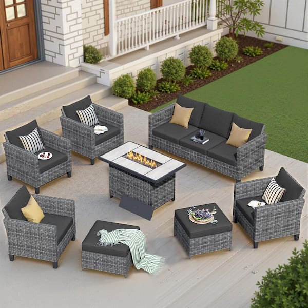 New Star Gray 8-Piece Wicker Patio Rectangle Fire Pit Conversation Seating Set with Black Cushions